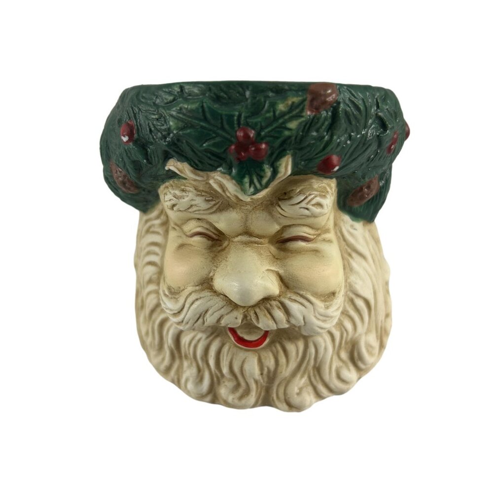 Santa Claus Head Planter Candle Holder Ceramic Christmas Holiday Green Holly